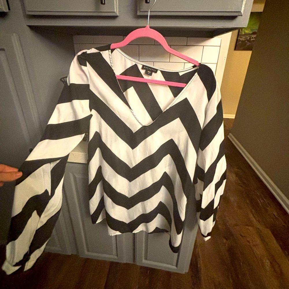 Black and White Chevron Long Tunic Blouse by Metaphor
